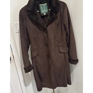 Larry Levine Brown Empire Waist Faux Suede Fleece Lined Coat XS